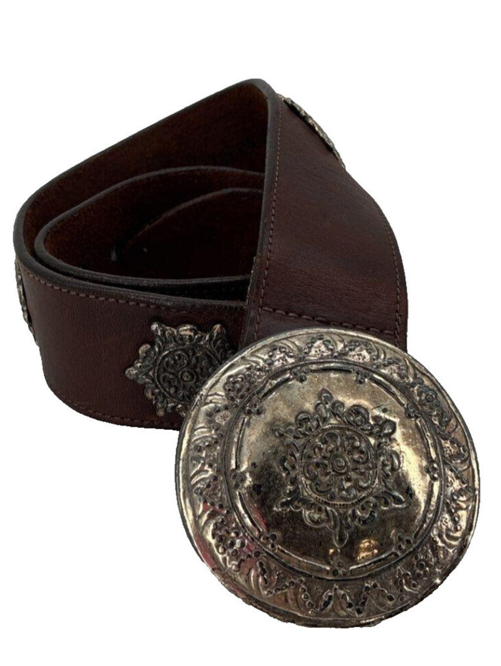 VTG 1993 Western Concho Belt Brown Leather Silver Round Buckle Boho Women Sz 34